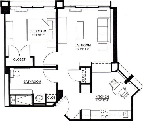 one bedroom floor plan type c for the Embury Apartments affordable senior living in Saratoga Springs