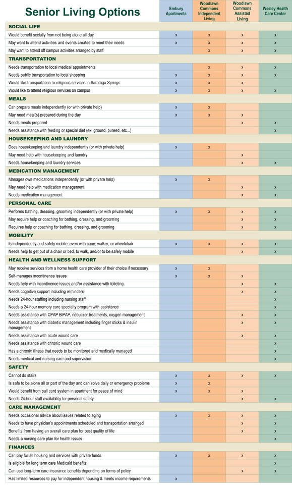 Wesley Level of Care Tool. An image to aid in deciding on the level of care a loved one may need.
The main categories are Social Life, Transportation, Meals, Housekeeping & Laundry, Medication Management, Personal Care, Mobility, Health & Wellness Support, Safety, Care Management, Finances.