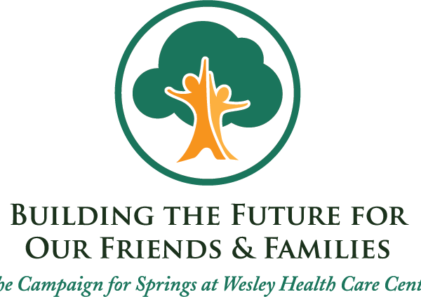 The Campaign for Springs logo. It reads Building the Future for our Friends & Family - The Campaign for Springs at Wesley Health Care Center. It features two abstract people incorporated into an oak tree as the stump.