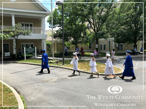 Graduates walking toward a building.