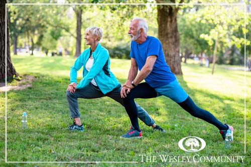Happy fit senior couple exercising in park.