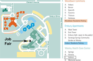 Map of the Wesley Campus with the Drive-Up Job Fair marked.
