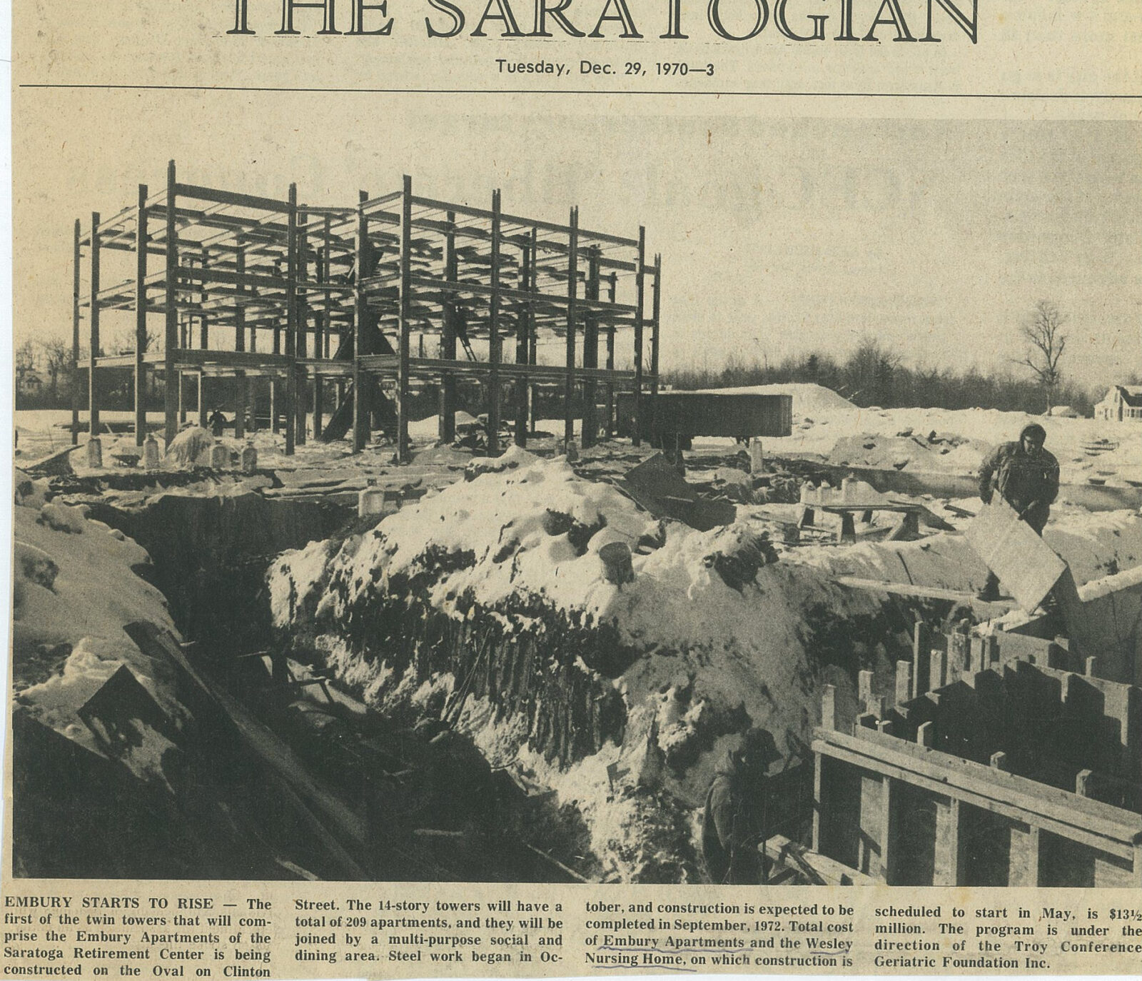 Photo of newspaper story in The Saratogian of Embury Apartments from December 29, 1970
