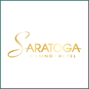 Saratoga Casino Hotel logo with teal with border