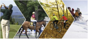 Photo showing a golfer, a horse with a rider, mountain bikers, and a family playing in the snow.